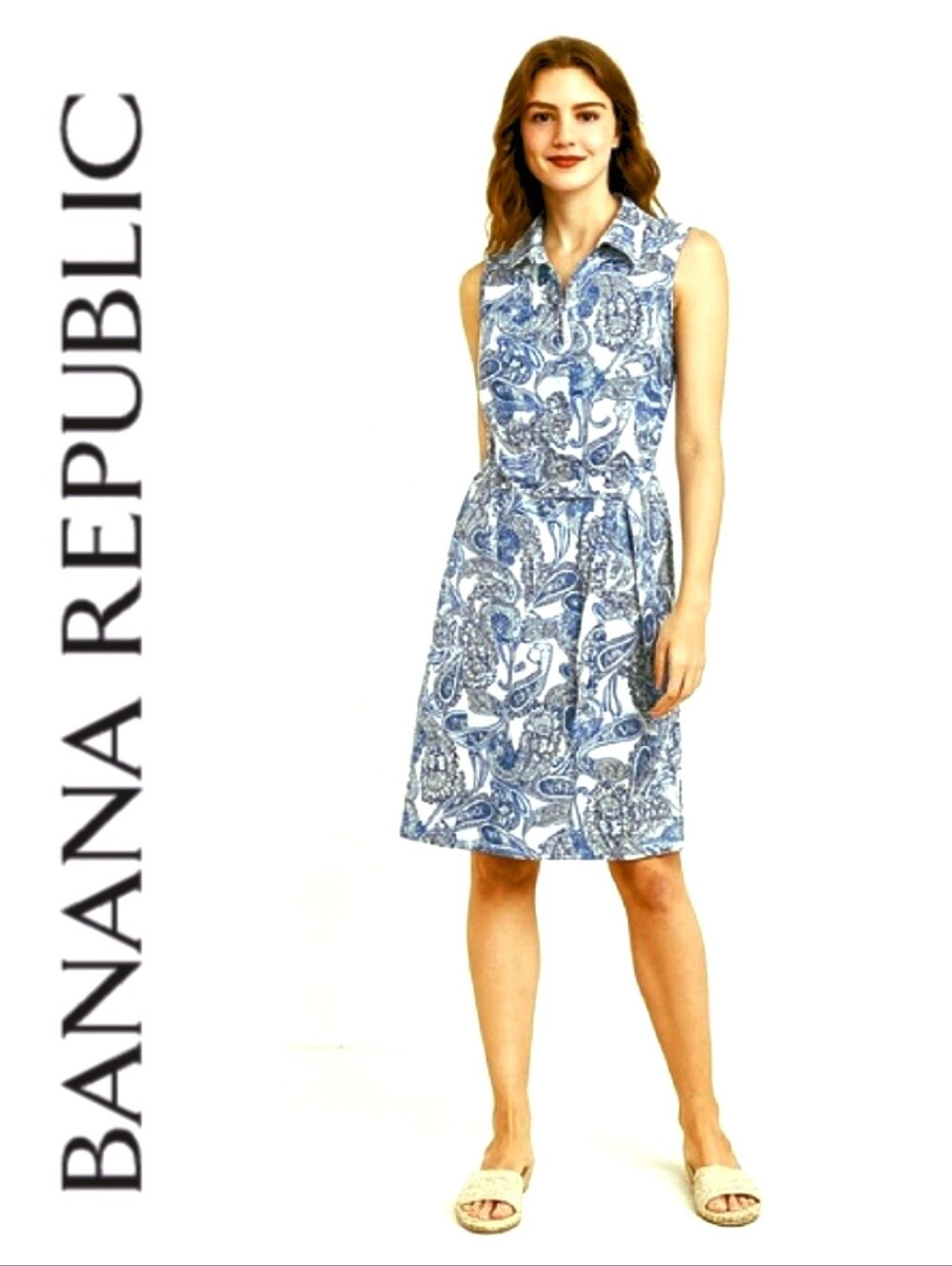 Banana Republic Tie-Waist Sleeveless Shirt Dress Blue & White Paisley Print Sz 2